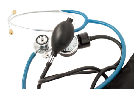 Blood pressure meter and stethoscope blue on a white background