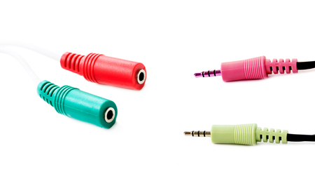 Connecting audio adapter to the connector on a white backgroundの写真素材