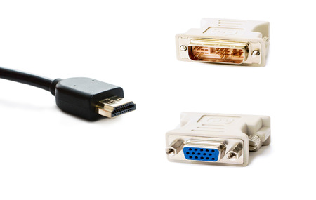 HDMI, Digital Visual Interface and Video Graphics Array adapters on a white backgroundの写真素材