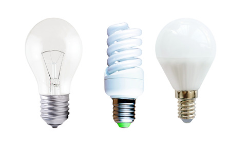LED lamp, fluorescent lamp and incandescent on a white backgroundの写真素材