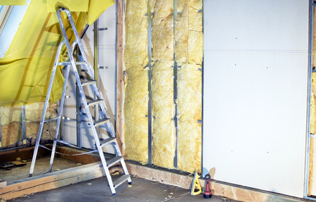 Installation  walls  with plasterboard and mineral wool for thermal insulationの写真素材