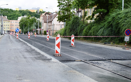 Installation of new tram lines against the background of city streetsの写真素材
