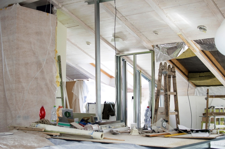 The process of repair and upgrading of room on the roofの写真素材