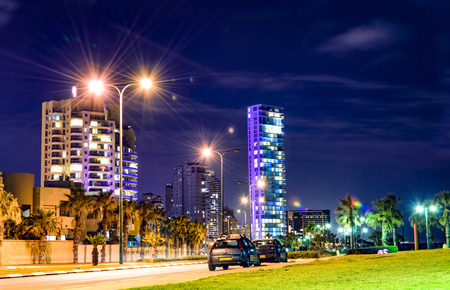 Night landscape resort town with tropical palm trees and skyscrapersの写真素材