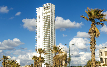 Modern buildings with palm trees on a background of blue skyの写真素材