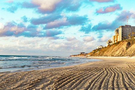 Hotels on the Mediterranean Sea in the background sunsetの写真素材