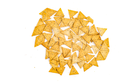 Cracker cookies in the form of a triangle on a white backgroundの写真素材