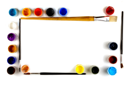 Decorative frame made of colored acrylic paints and stone on a white backgroundの写真素材