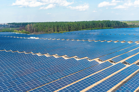 A large number of rows of solar panels sections - top view