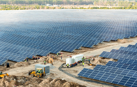 Construction of a solar power plant and a high-voltage substation - a top viewの写真素材