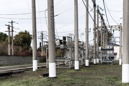 High-voltage electrical substation - insulators, supports, wires and other components
