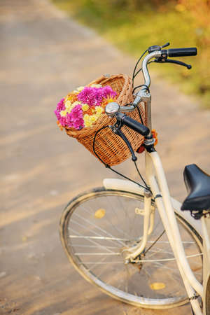bicycle with a basket full of field flowersの写真素材