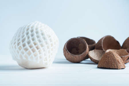 Drinking coconut and split brown coconuts in the white background.の写真素材