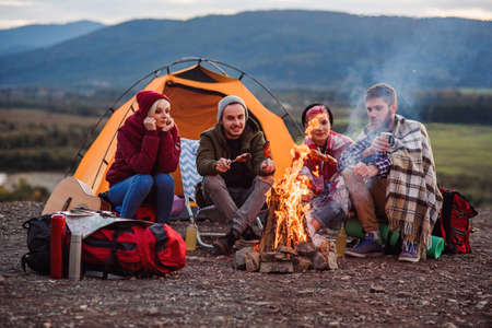 Company of young friends having a picnic by the mountains, they are chatting, laughing, drinking energy drink and bake sausages on bonfire. Concept of happiness, youth and enjoyment of life.の写真素材