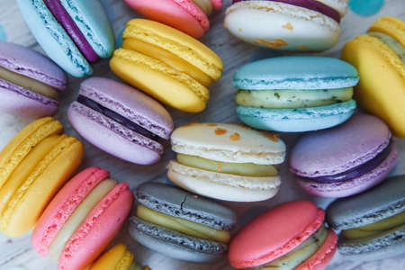 A lot of colorful macaroons on the candy shop.の写真素材