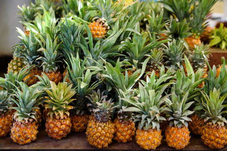 Lot of fresh ripe pineapples lying on each other on outdoors market.の写真素材