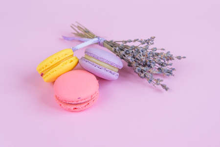 Delicious violet and yellow macarons and branch of fragrant lavender on pink background.の写真素材