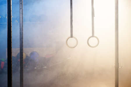 Gymnastic rings on smoke background in modern gym