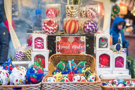 Christmas glass ornaments shop on Christmas market in Europeの写真素材