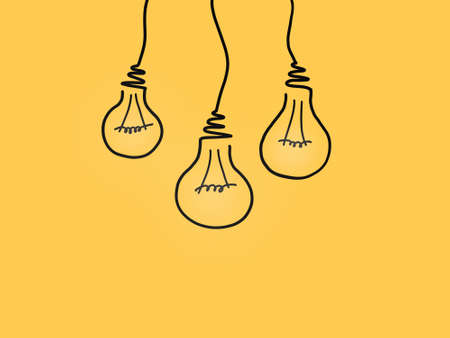 Three hanging black light bulbs on wires at yellow backdrop, hand drawn.
