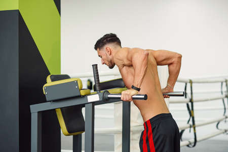 Sporty fitness man doing push-ups on parallel bars while training in modern gym. Healthy and sporty concept.の写真素材