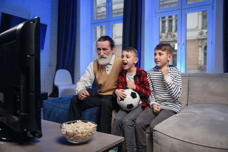 Likable concentrated senior bearded grandfather with his cheerful 10-15s grandsons spending their...