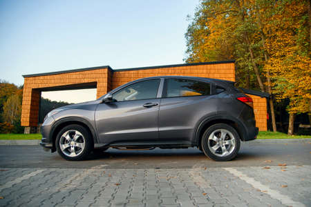 Stylish car parked near modern house near forest.の写真素材