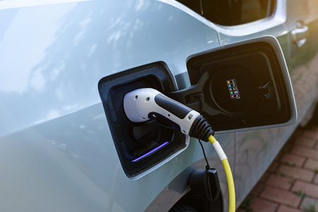 Power supply joined to modern electric car being charged.の写真素材