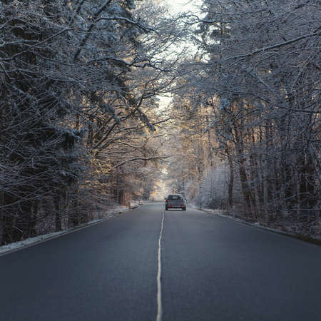 Car on the road among trees at forest covered by snow at winter frosty morning.の写真素材