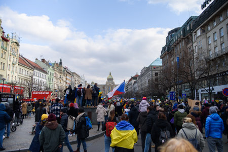 Prague, Czech Republic, February 2022: Stand with Ukraine. Protest against the war in Ukraine and russian armed aggressive vladimir putin.のeditorial素材