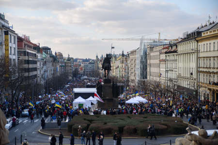 Prague, Czech Republic, February 2022: Stand with Ukraine. Protest against the war in Ukraine and russian armed aggressive vladimir putin.のeditorial素材
