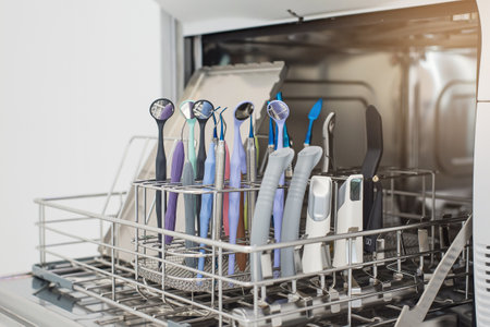 Surgical and dental instruments at medical washing machine and autoclave for sterilising. Medical hygiene for using equipments.の写真素材
