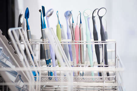 Surgical and dental instruments at medical washing machine and autoclave for sterilising. Medical hygiene for using equipments.の写真素材