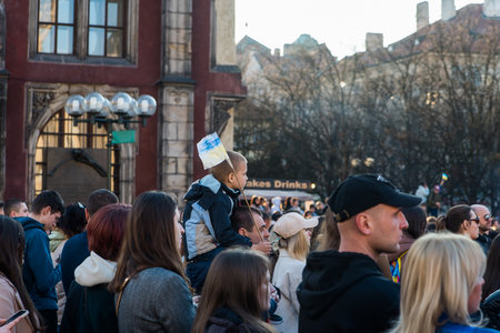 Prague, Czech Republic, March 2022: Stand with Ukraine. Protest against the war in Ukraine and...