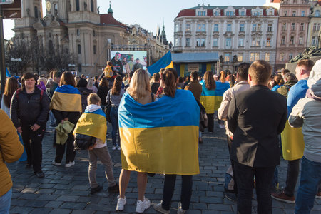 Prague, Czech Republic, March 2022: Stand with Ukraine. Protest against the war in Ukraine and russian armed aggressive. Global military conflict, invasion.のeditorial素材