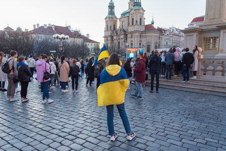 Prague, Czech Republic, March 2022: Stand with Ukraine. Protest against the war in Ukraine and russian armed aggressive. Global military conflict, invasion.