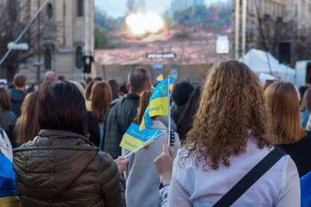 Prague, Czech Republic, March 2022: Stand with Ukraine. Protest against the war in Ukraine and...