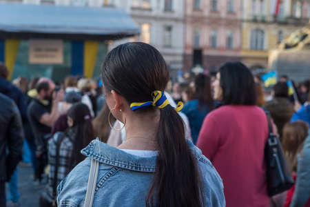 Prague, Czech Republic, March 2022: Stand with Ukraine. Protest against the war in Ukraine and russian armed aggressive. Global military conflict, invasion.のeditorial素材