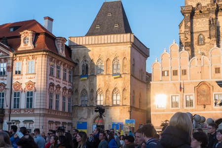 Prague, Czech Republic - 03.28.2022: An Ukrainian flags is hung in support of Ukrainians protecting their country from russians.のeditorial素材