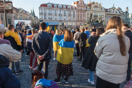 Prague, Czech Republic, March 2022: Stand with Ukraine. Protest against the war in Ukraine and russian armed aggressive. Global military conflict, invasion.のeditorial素材
