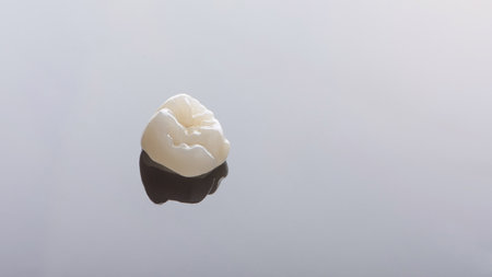 Qualified anatomic ceramic and zirconia crowns of human teeth close up macro isolated on black...