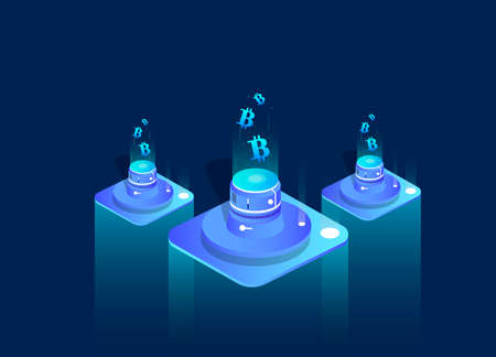 Cryptocurrency and Blockchain concept. Farm for mining Bitcoin. Digital money market, finance and trading. Perfect for web design, banner and presentation. Isometric vector illustration.のイラスト素材