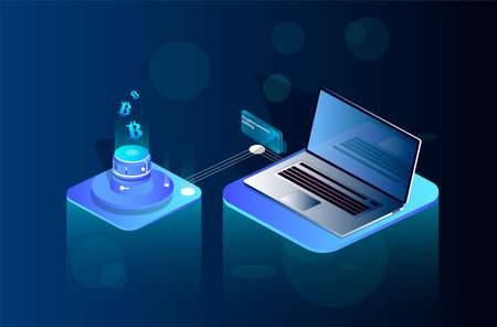 Cryptocurrency and Blockchain concept. Farm for mining bitcoins. Digital money market, investment, finance and trading. Perfect for web design, banner and presentation. Isometric vector illustration.のイラスト素材