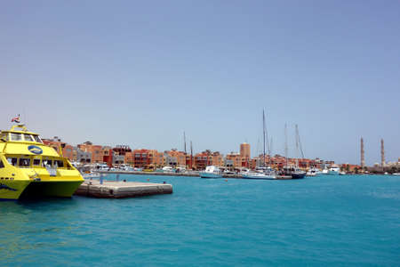 Beautiful architecture of Hurghada Marina at dusk in Egyptの写真素材
