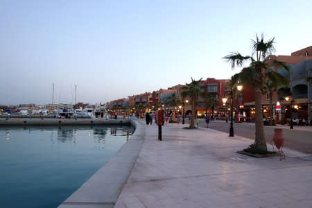 Beautiful architecture of Hurghada Marina at dusk in Egyptのeditorial素材
