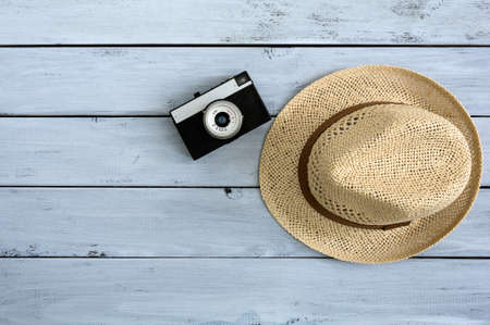 Traveler accessories with empty space for text. Travel vacation concept. Summer background. Beach fashion , summer concept. Road frame set. Flat lay, top viewの写真素材