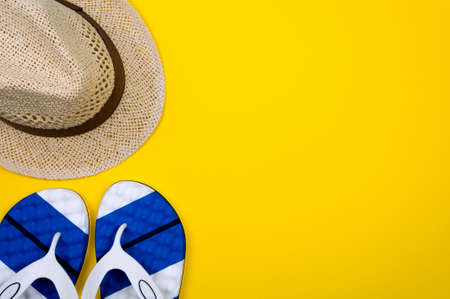 Traveler accessories with empty space for text. Travel vacation concept. Summer background. Beach...