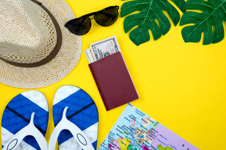 Travel accessories with empty space for text. Travel vacation concept. Summer background. Beach fashion , summer concept. Road frame set. Flat lay, top viewの写真素材