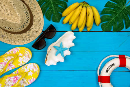 Top view of essential modern young lady or girl on vacations with empty space for text. Woman's summer holidays accessories. Beach fashion , summer concept. Trendy colors. Traveler accessoriesの写真素材