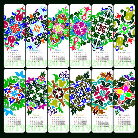 Calendar for 2019 year. Vintage decorative mandala elements. Week starts on sunday. Vintage style template for your design.の写真素材